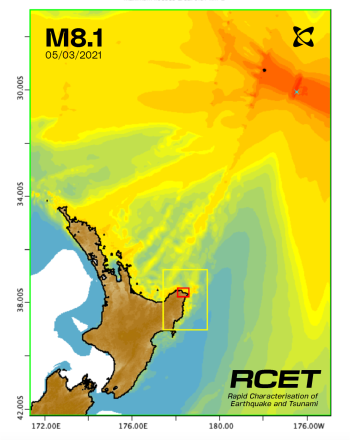 Tsunami forecast before arrival illustrating areas at-risk of wave inundation