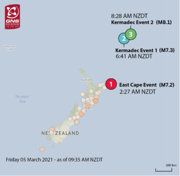 Location, magnitude and time of three large (M7+) offshore earthquakes on 5 March 2021